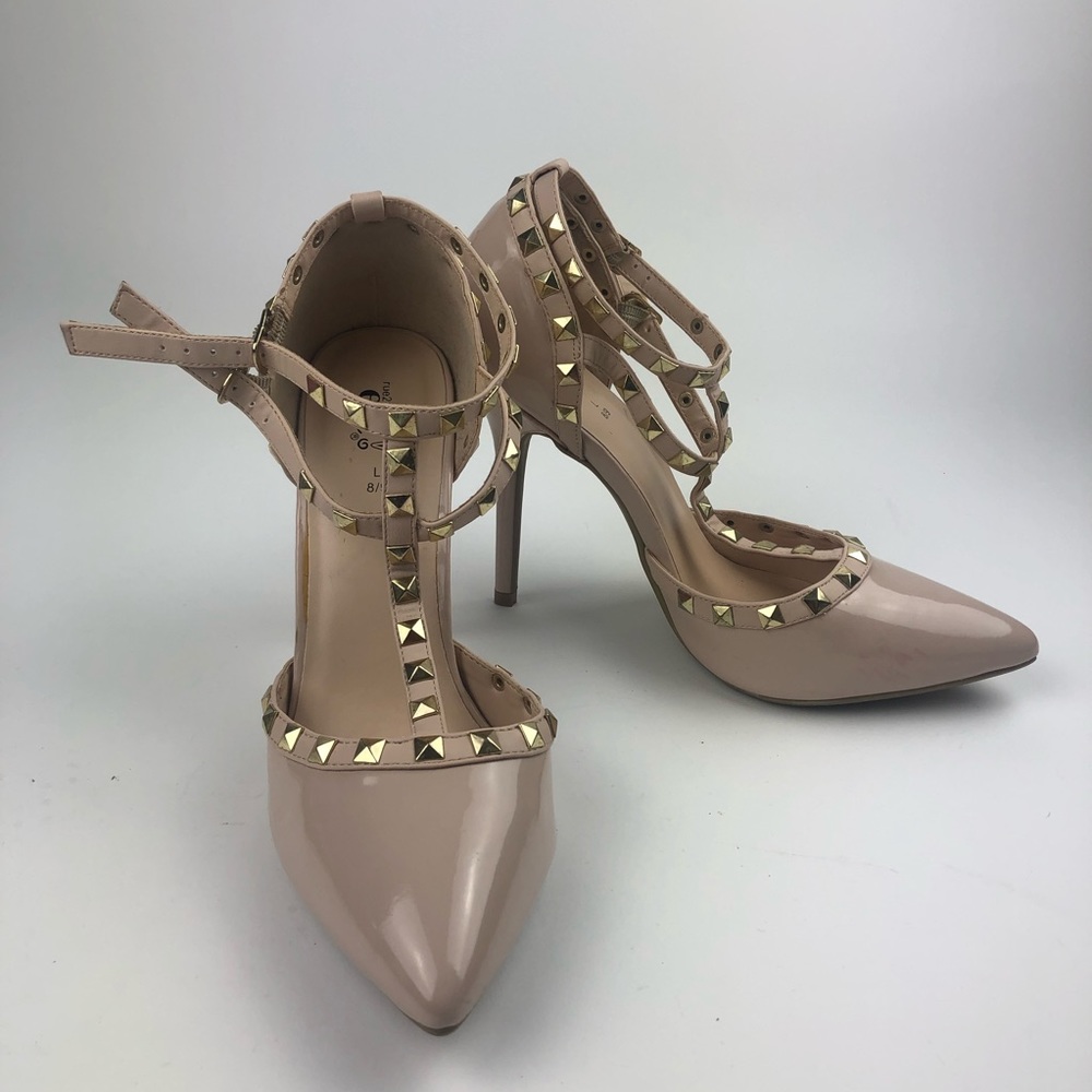 Nude T Strap Gold Studded High Heel Shoes